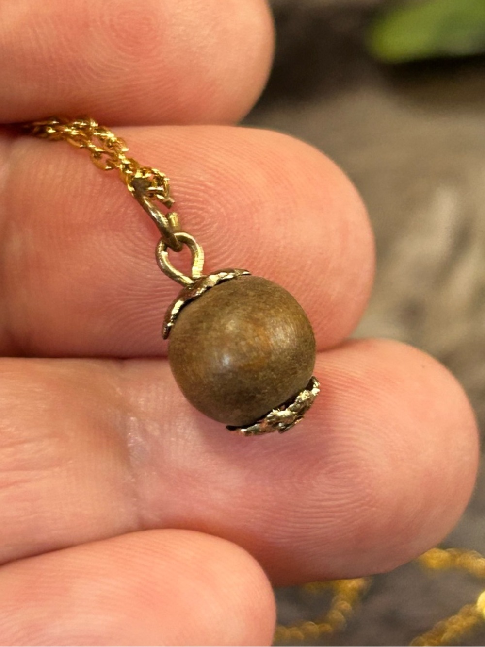 Handcrafted vintage wood bead pendant on chain necklace